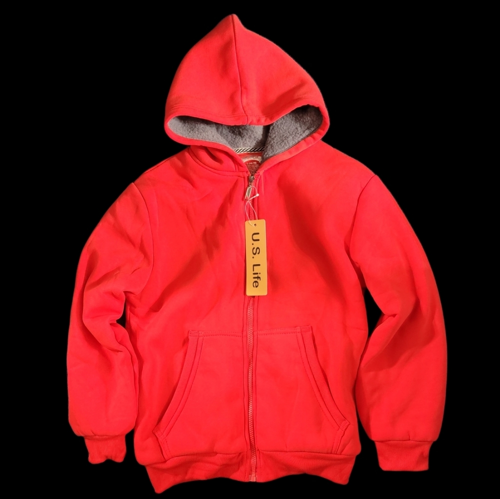 US LIFE Youth Red Zip Up Jacket Sweatshirt Hoodie Fleece Lined